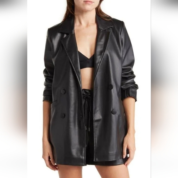 Topshop Jackets & Blazers - TOPSHOP Faux Leather Double-Breasted Blazer Jacket In Black. Size 6